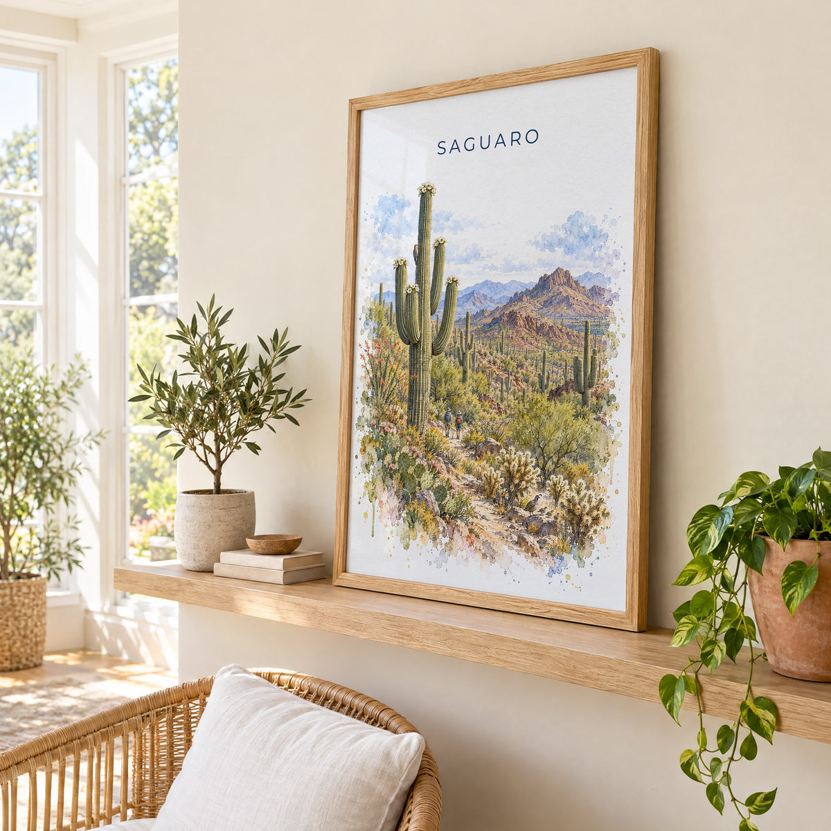 Saguaro National Park watercolor print in an oak frame on a picture ledge in a sunlit sunroom