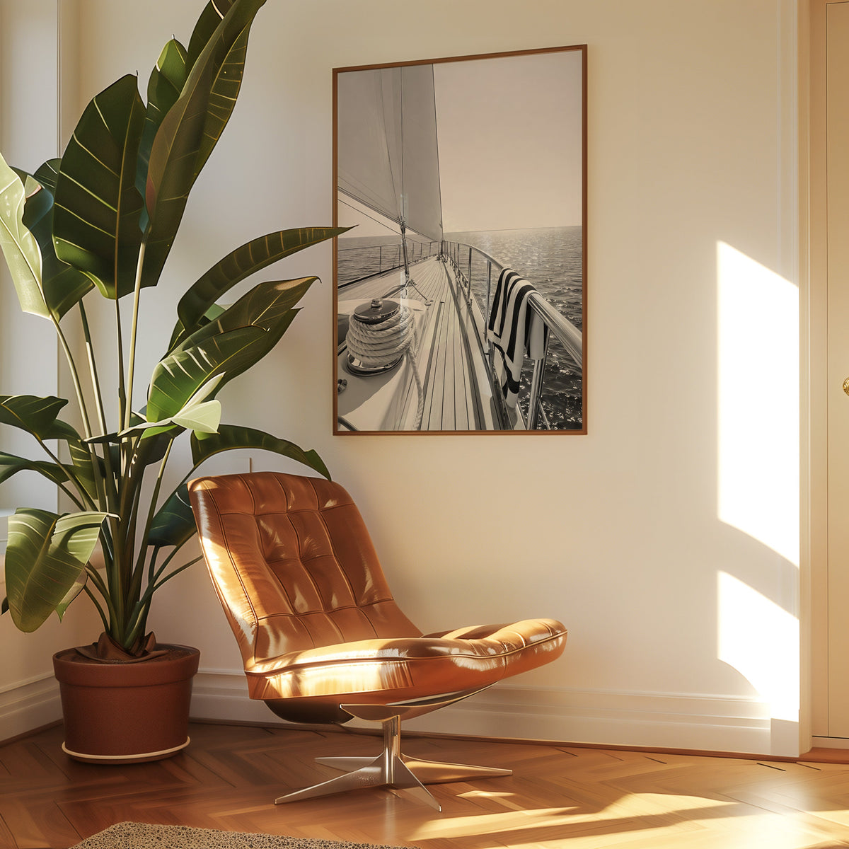 Sailboat deck with rope coil and striped towel print in a walnut frame above a leather lounge chair