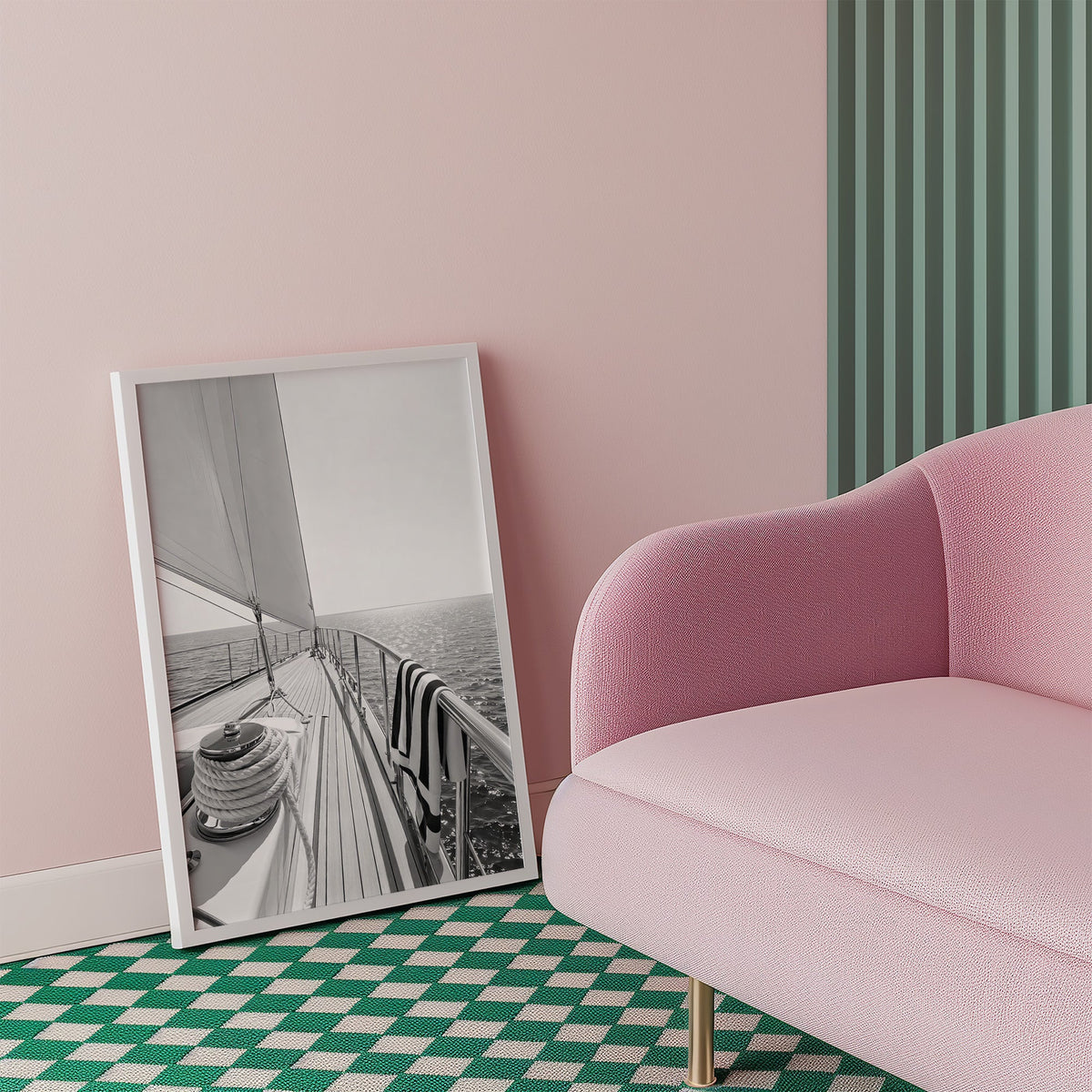 Sailboat deck with rope coil and striped towel print in a white frame beside a pink armchair on a checkered floor