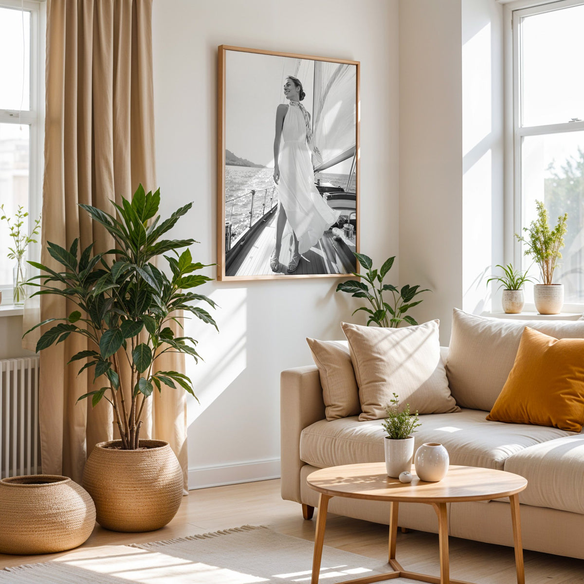 Black and white woman in white dress on sailboat print in an oak frame above a cream sofa beside woven planters