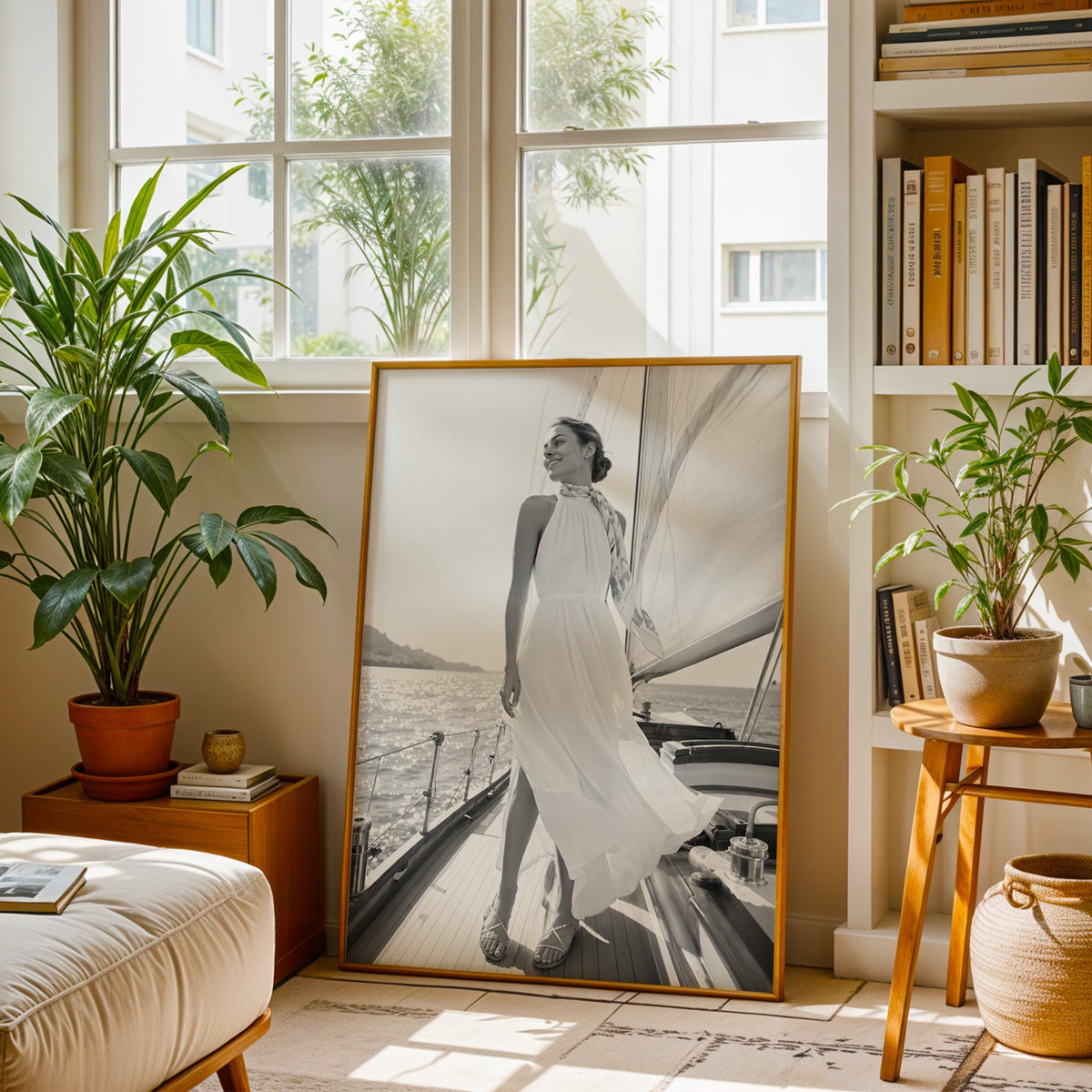 Black and white woman in white dress on sailboat print shown in a brass frame leaning on a sunlit living room floor