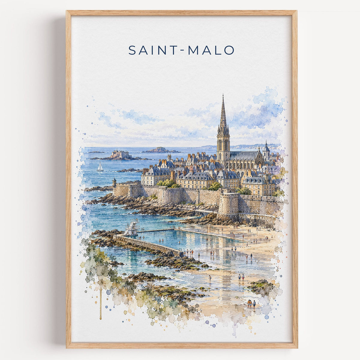 Saint-Malo watercolor print in a light oak frame on a plain white wall