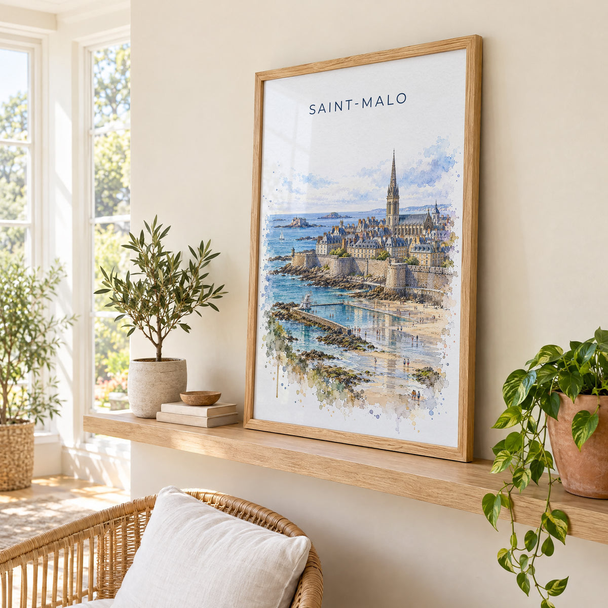 Saint-Malo watercolor print in an oak frame on a picture ledge in a sunlit sunroom