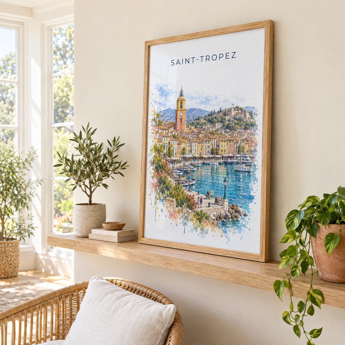 Saint-Tropez watercolor print in an oak frame on a picture ledge in a sunlit sunroom