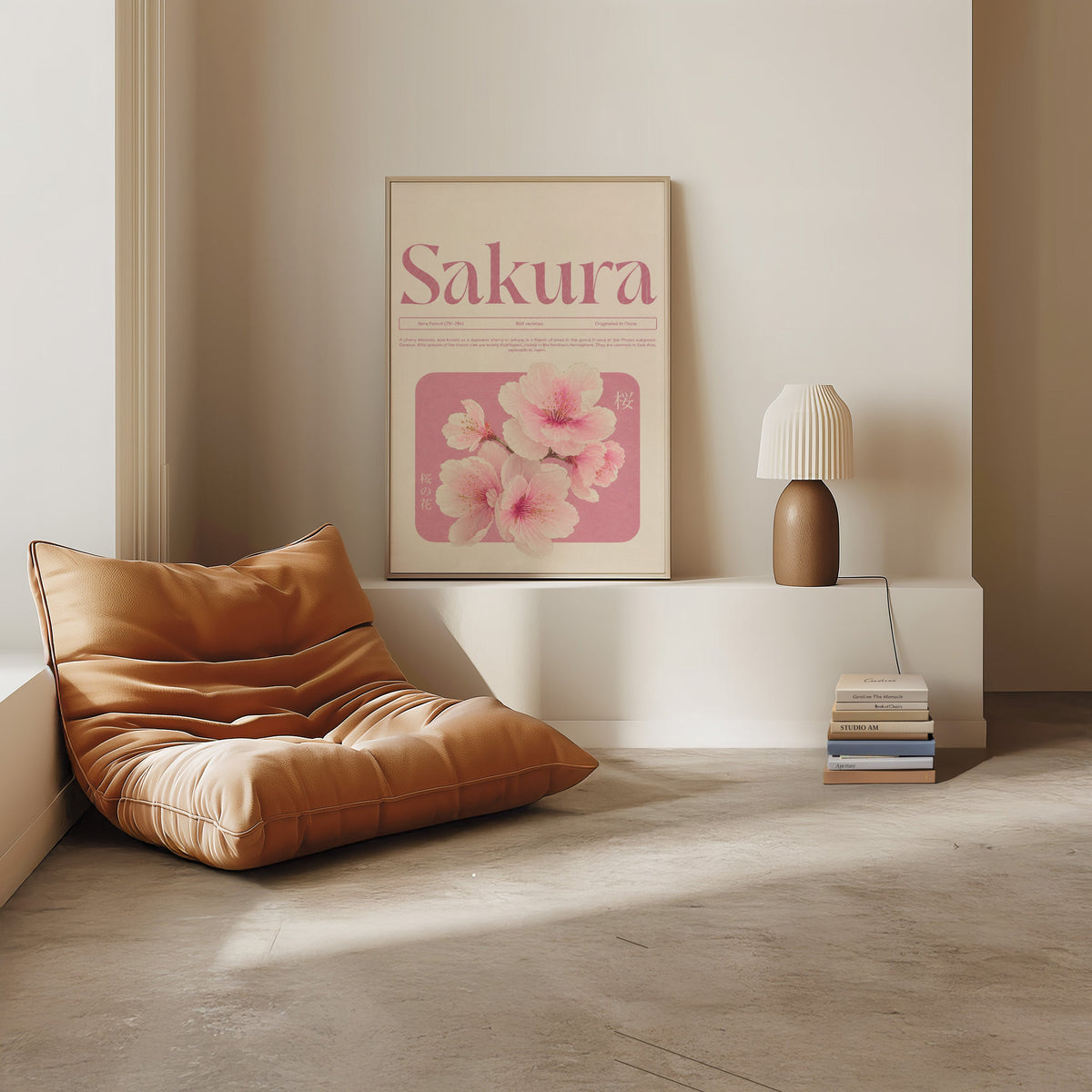 pink sakura blossom typography print in a light oak frame on a white ledge by a tan leather floor chair