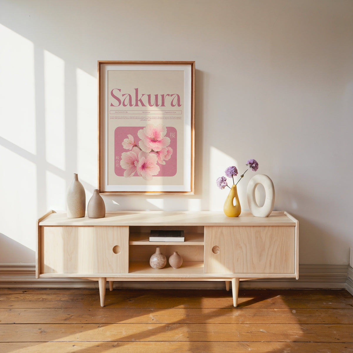 pink sakura blossom typography print shown in a wood frame with a white mat above a pale wood media console