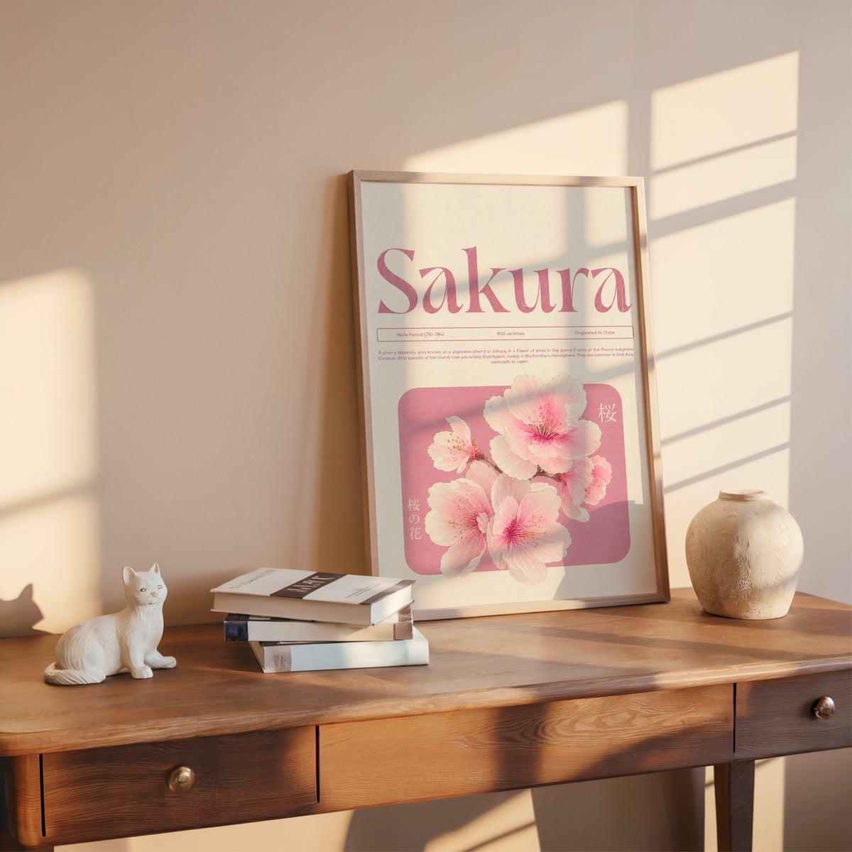 pink sakura blossom typography print shown in a rose gold frame leaning on a wooden writing desk with books
