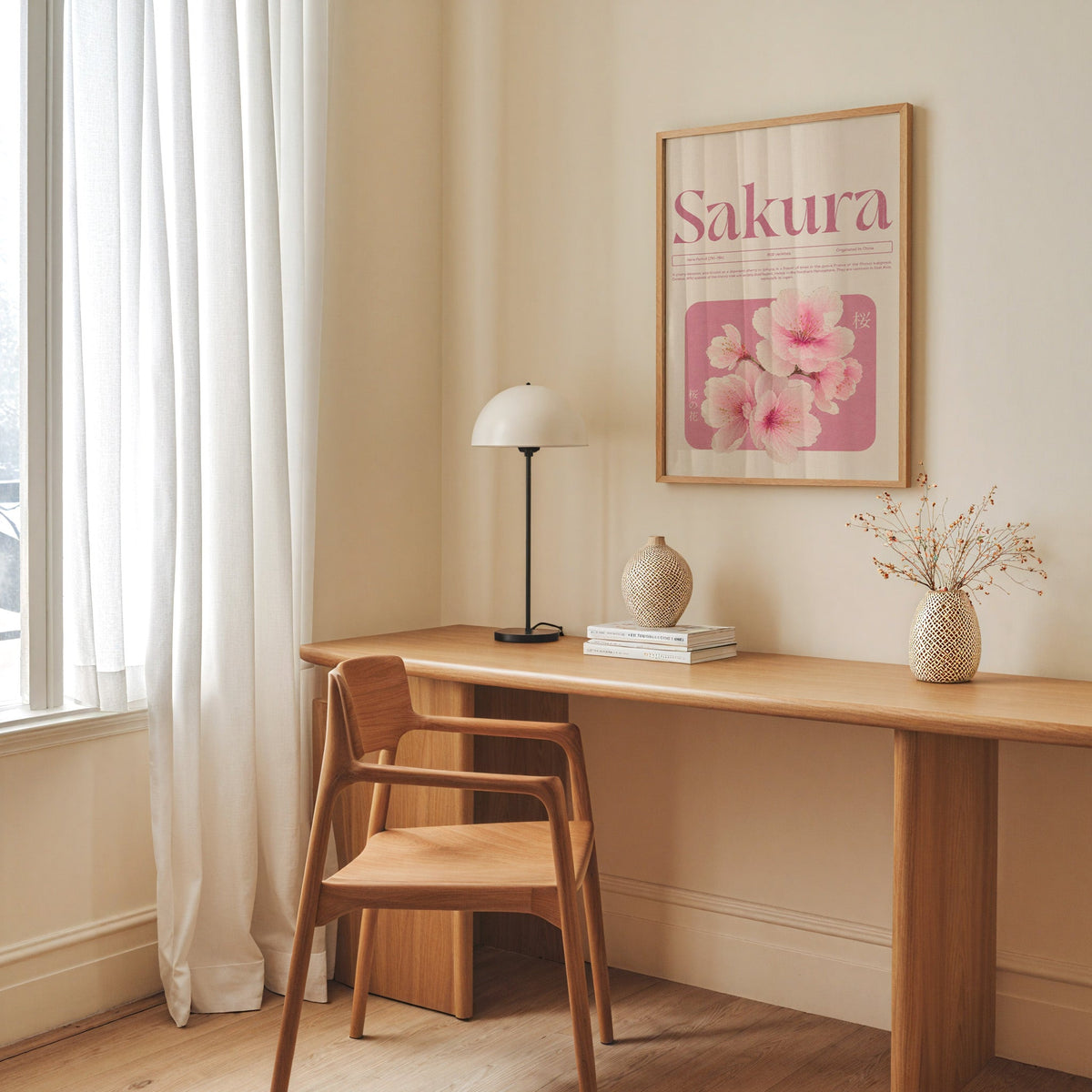 pink sakura blossom typography print in an oak frame above a long oak desk with a white dome lamp and woven vases