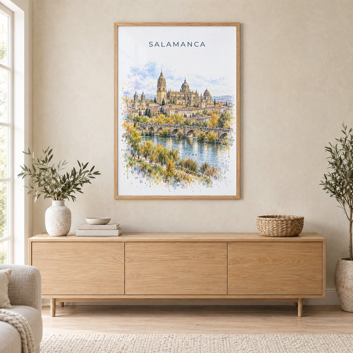 Salamanca watercolor print in an oak frame above a light wood sideboard in a Scandinavian living room