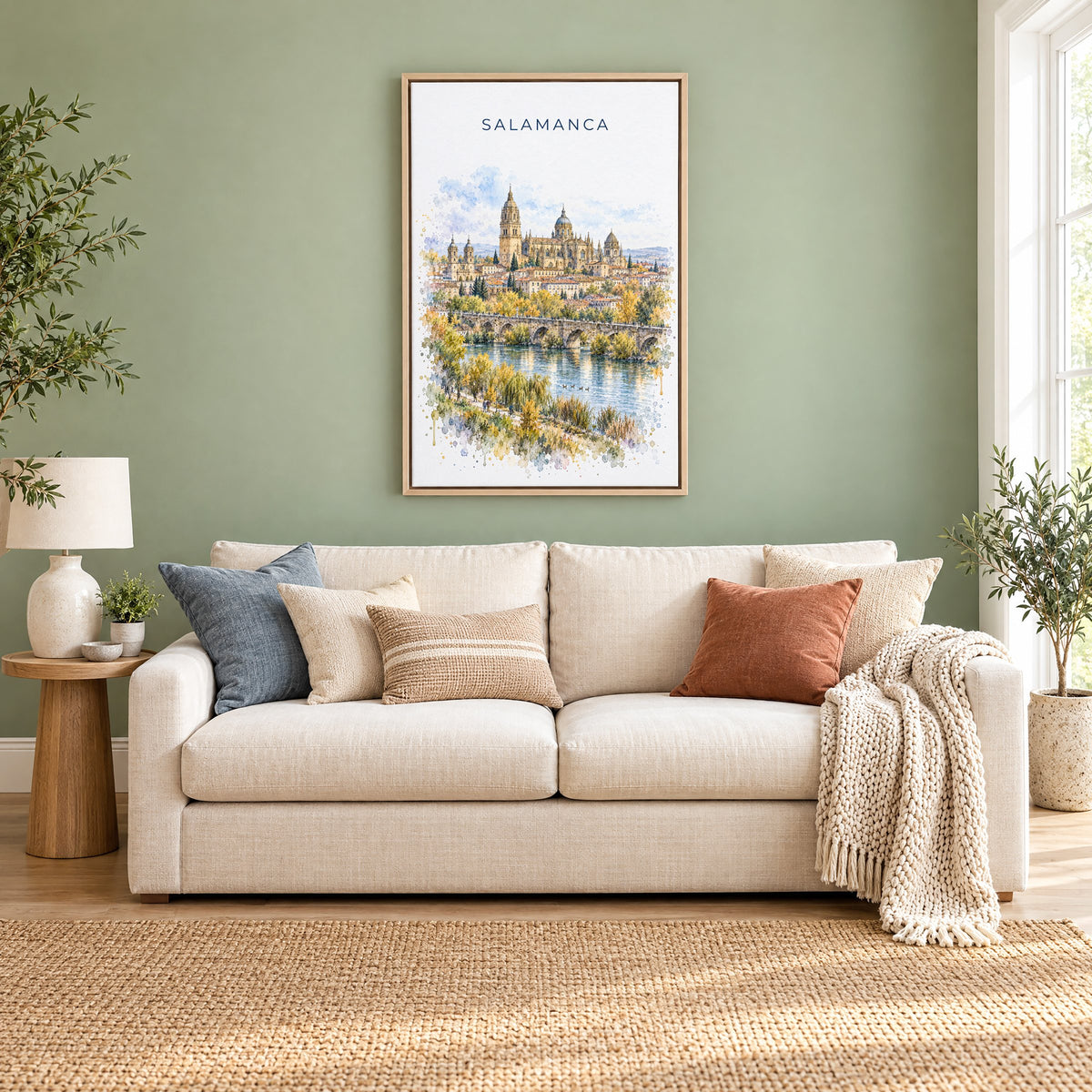 Salamanca watercolor print as a natural floater canvas above a cream linen sofa on a sage green wall