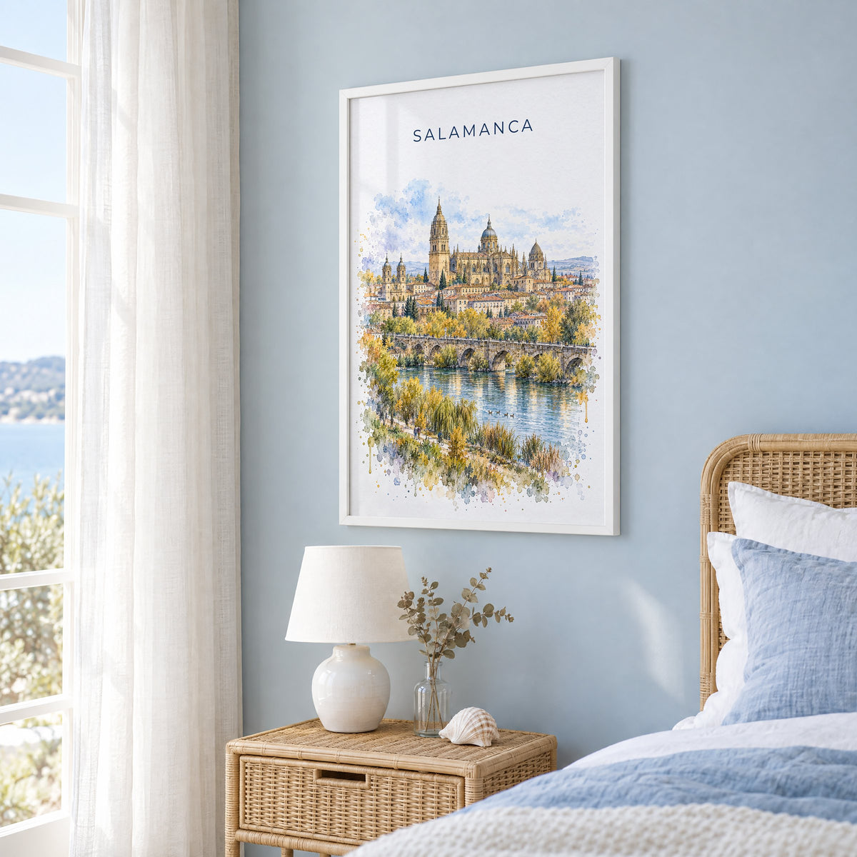 Salamanca watercolor print in a white frame on a pale blue wall beside a rattan bed in a coastal bedroom