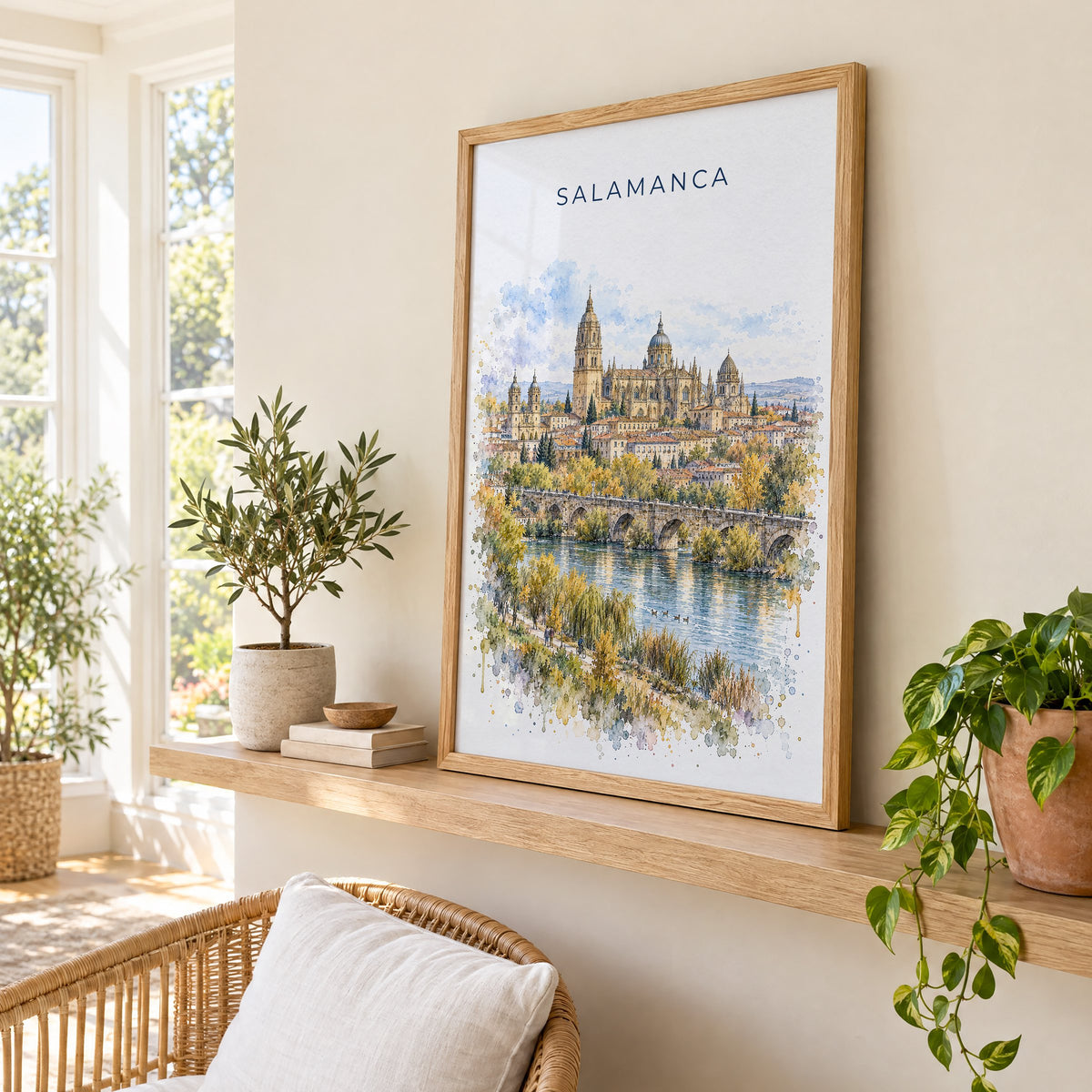 Salamanca watercolor print in an oak frame on a picture ledge in a sunlit sunroom