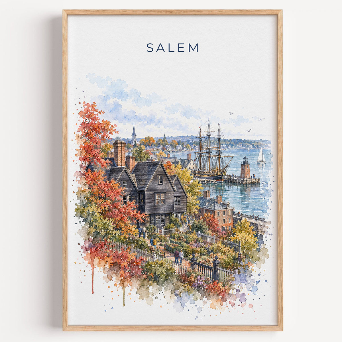 Salem, Massachusetts watercolor print in a light oak frame on a plain white wall