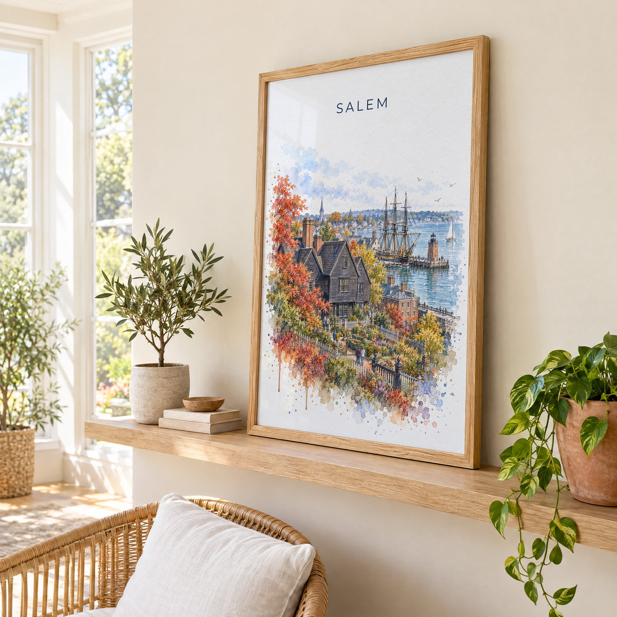 Salem, Massachusetts watercolor print in an oak frame on a picture ledge in a sunlit sunroom