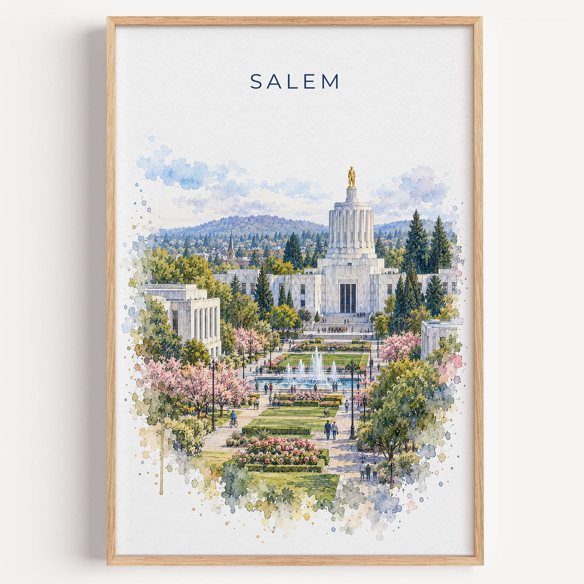 Salem, Oregon watercolor print in a light oak frame on a plain white wall