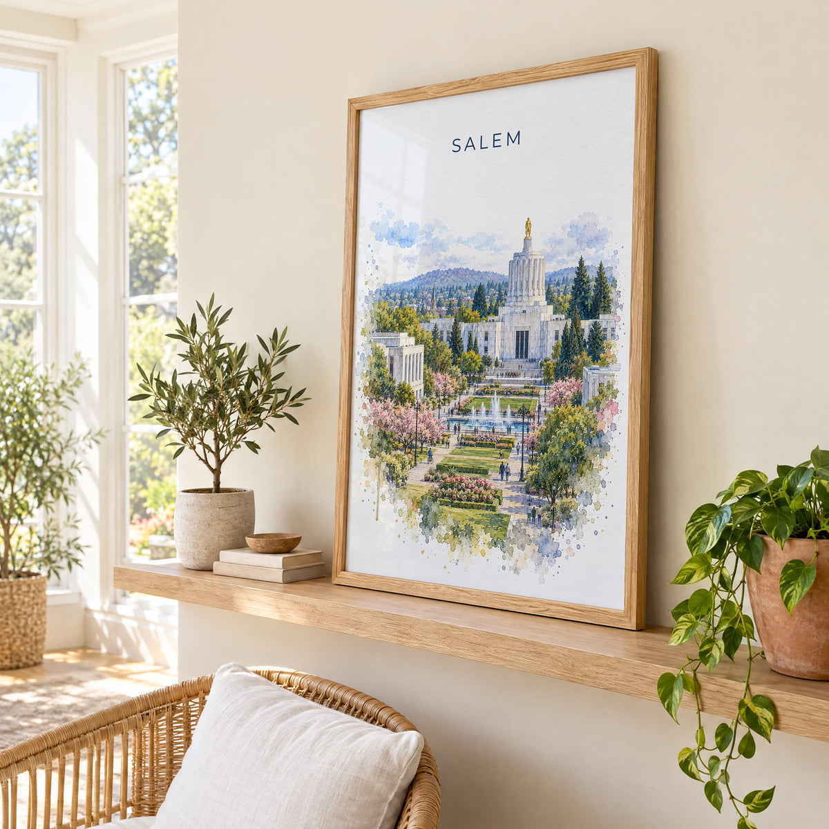 Salem, Oregon watercolor print in an oak frame on a picture ledge in a sunlit sunroom