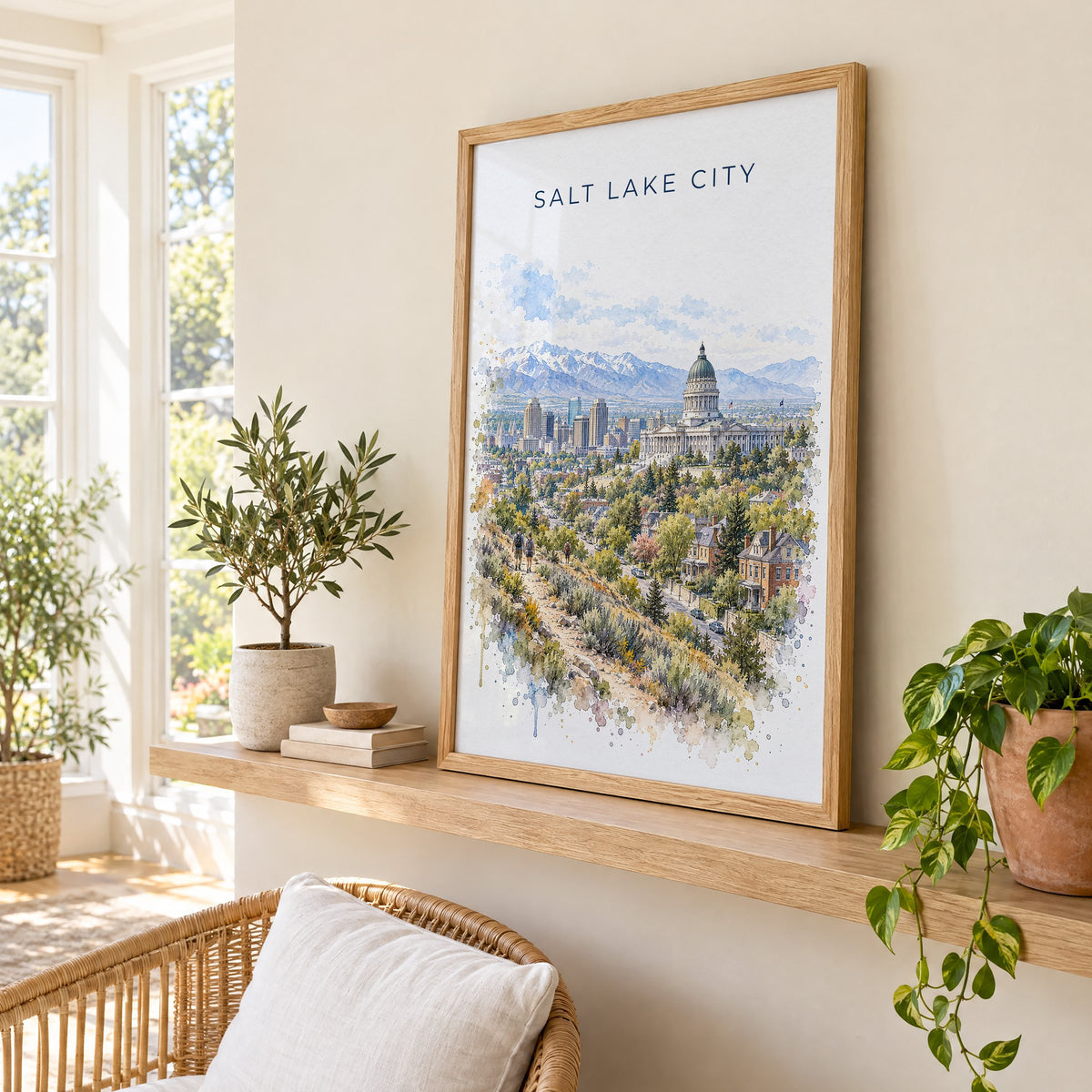 Salt Lake City watercolor print in an oak frame on a picture ledge in a sunlit sunroom