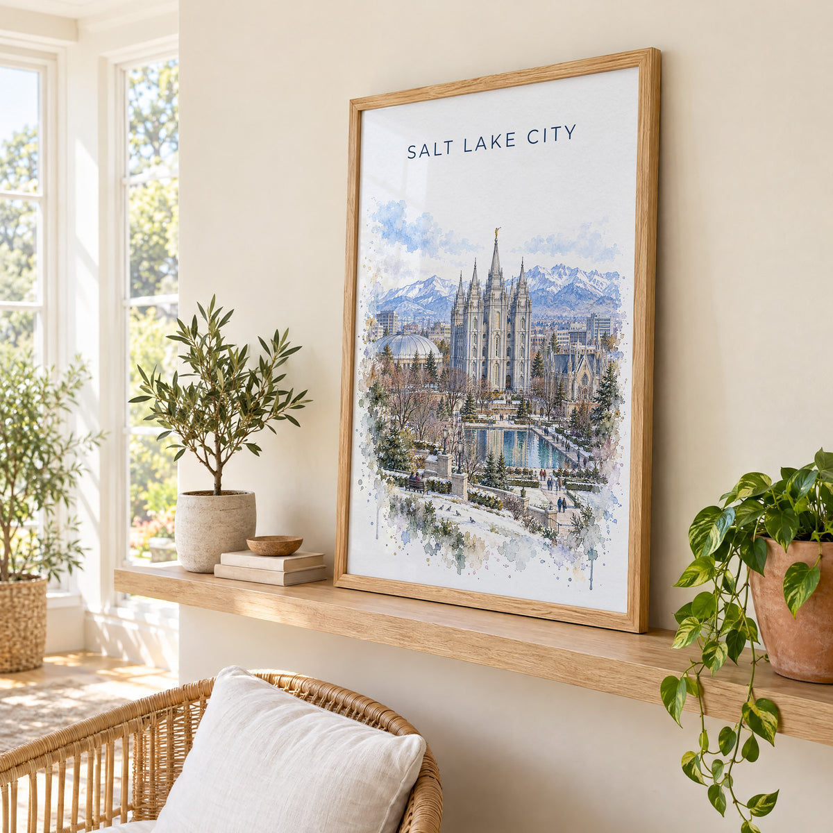 Salt Lake Temple watercolor print in an oak frame on a picture ledge in a sunlit sunroom