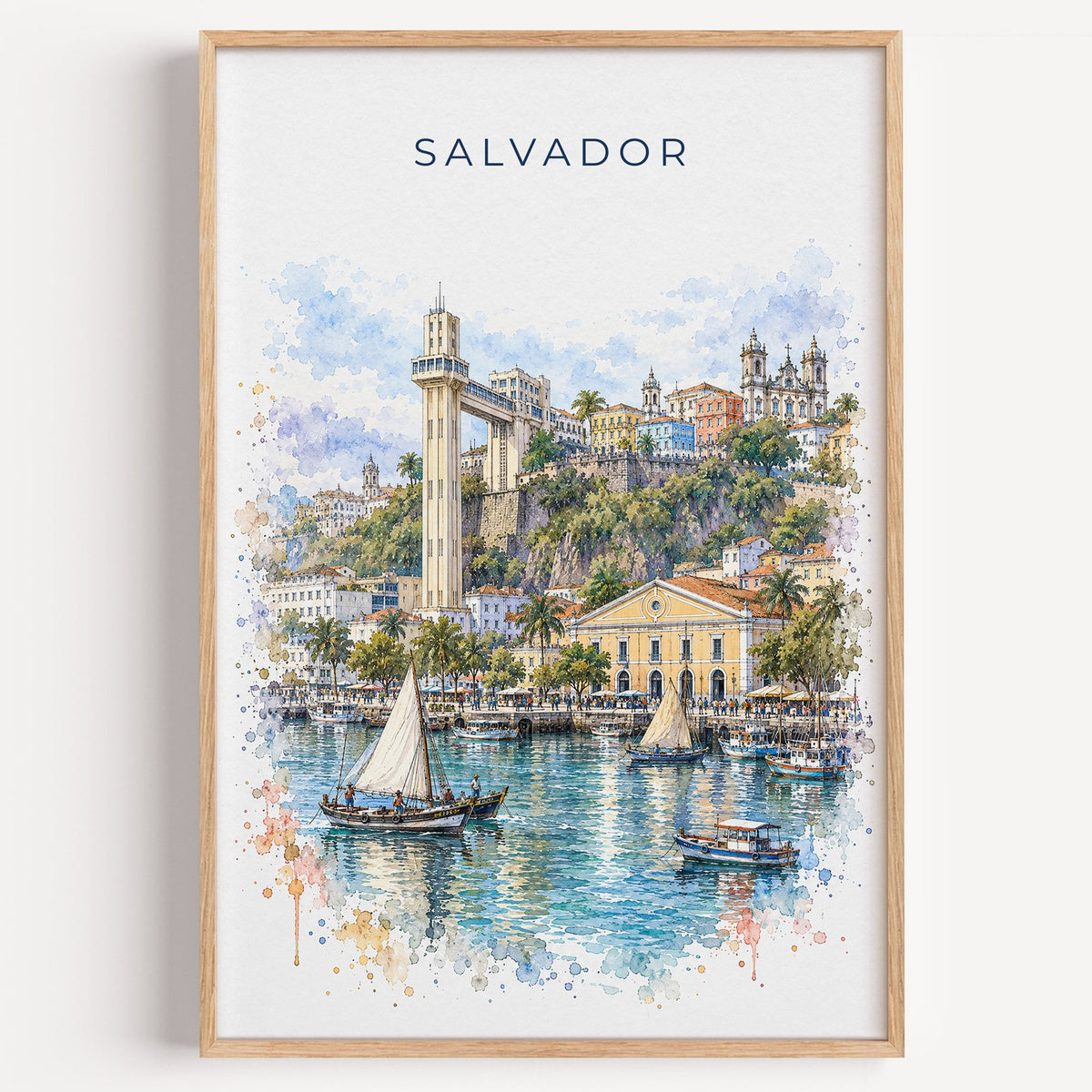 Salvador, Brazil watercolor print in a light oak frame on a plain white wall