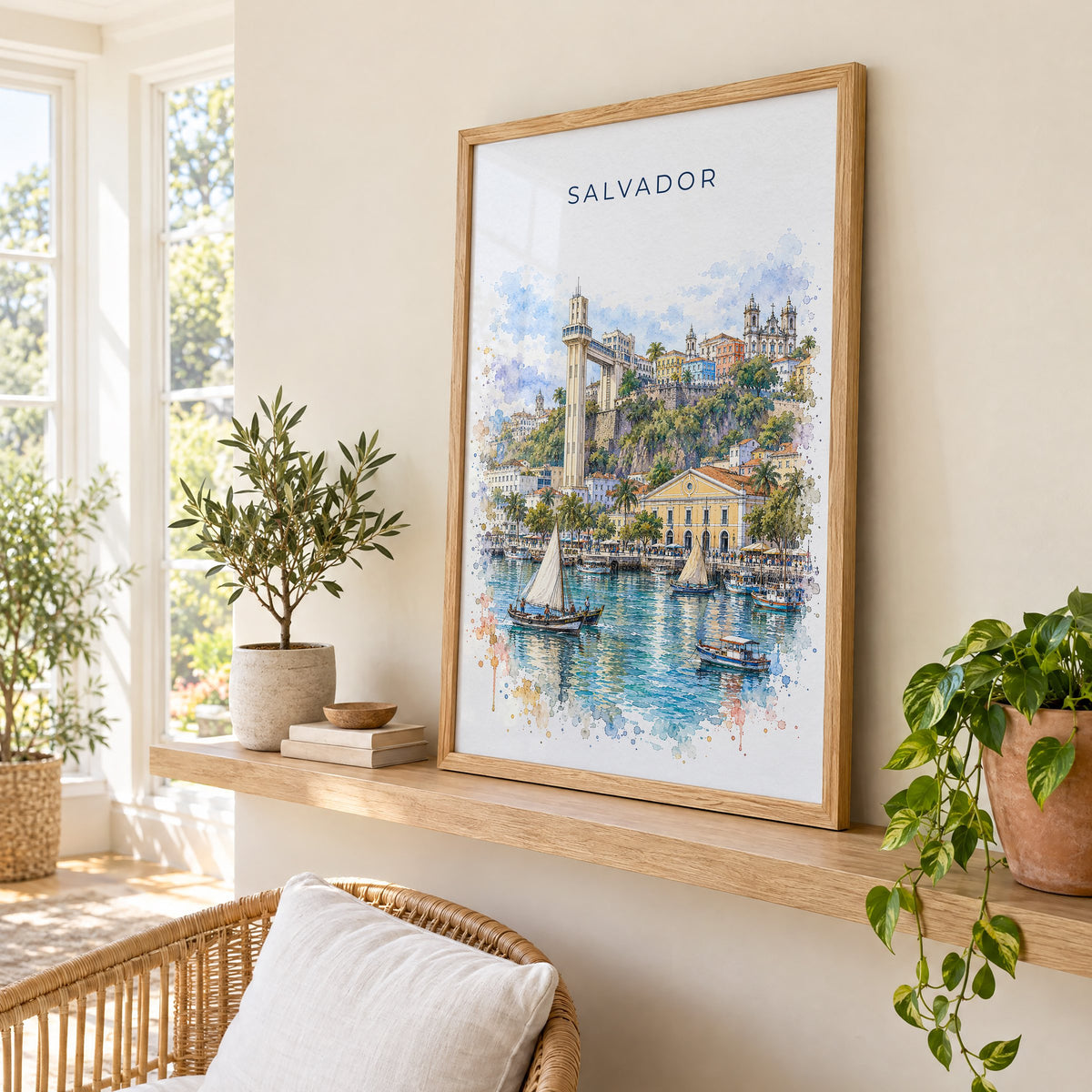 Salvador, Brazil watercolor print in an oak frame on a picture ledge in a sunlit sunroom
