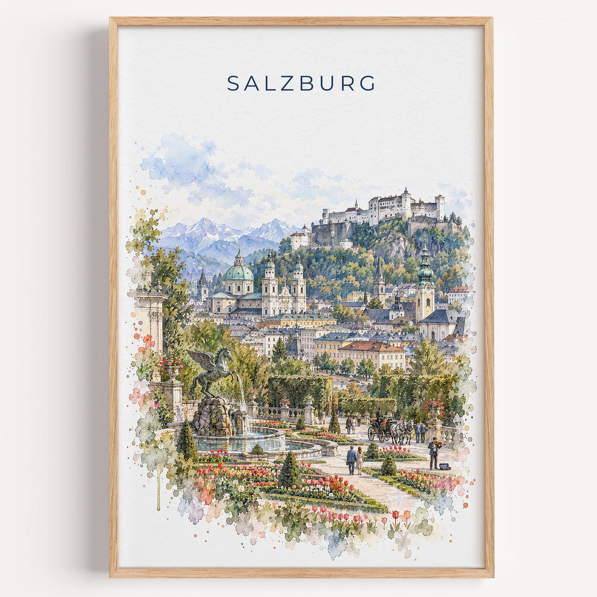 Salzburg watercolor print in a light oak frame on a plain white wall