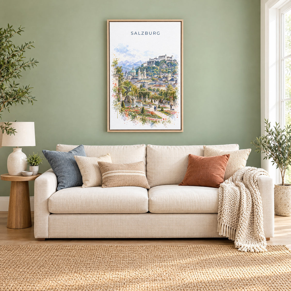 Salzburg watercolor print as a natural floater canvas above a cream linen sofa on a sage green wall