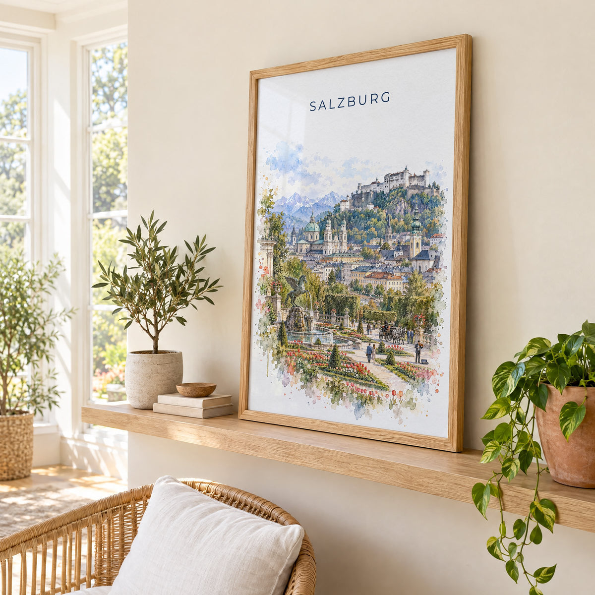 Salzburg watercolor print in an oak frame on a picture ledge in a sunlit sunroom