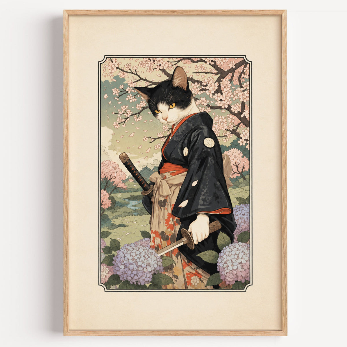 samurai cat with katana print in a light oak frame on a plain white wall