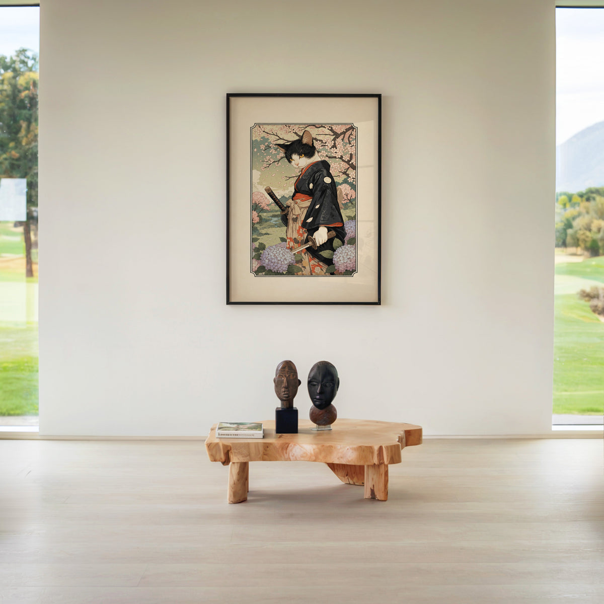 samurai cat with katana print in a black frame above a live-edge wood coffee table between garden windows