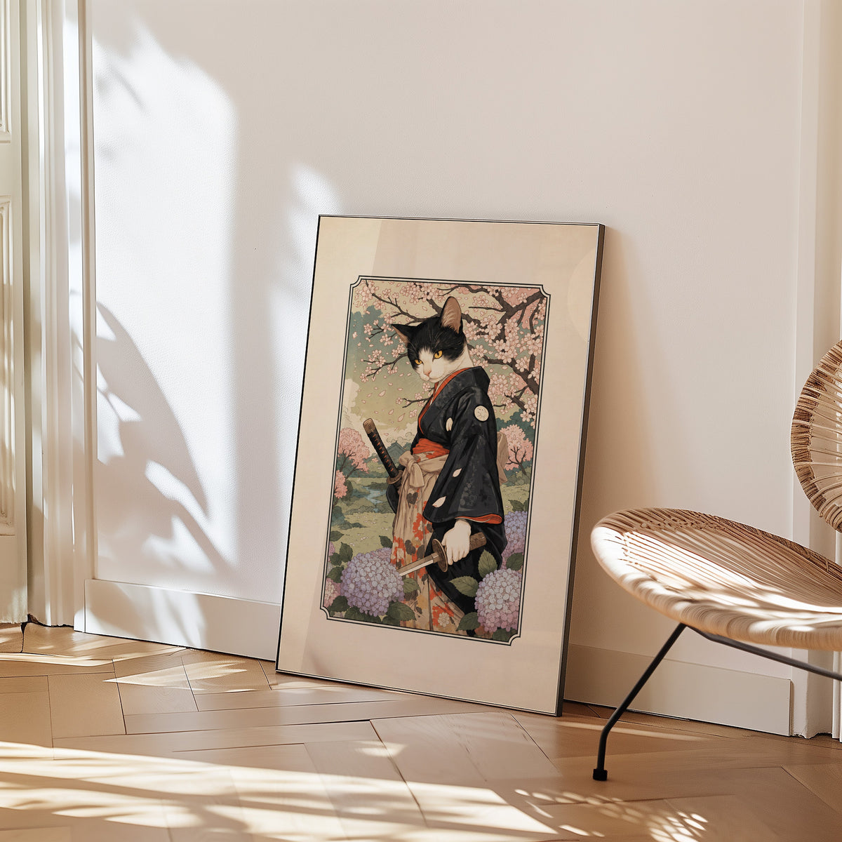 samurai cat with katana print in a black frame leaning on a herringbone floor beside a woven rattan chair
