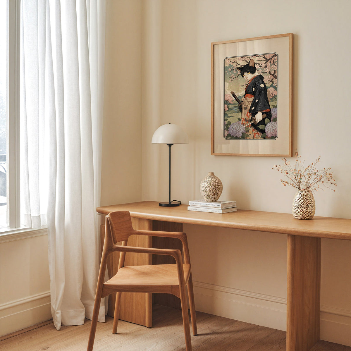 samurai cat with katana print in an oak frame above a long oak desk with a white dome lamp and woven vases