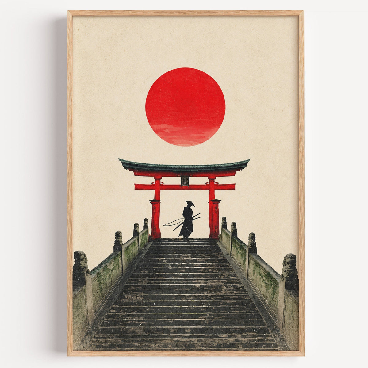 samurai under red torii gate print in a light oak frame on a plain white wall