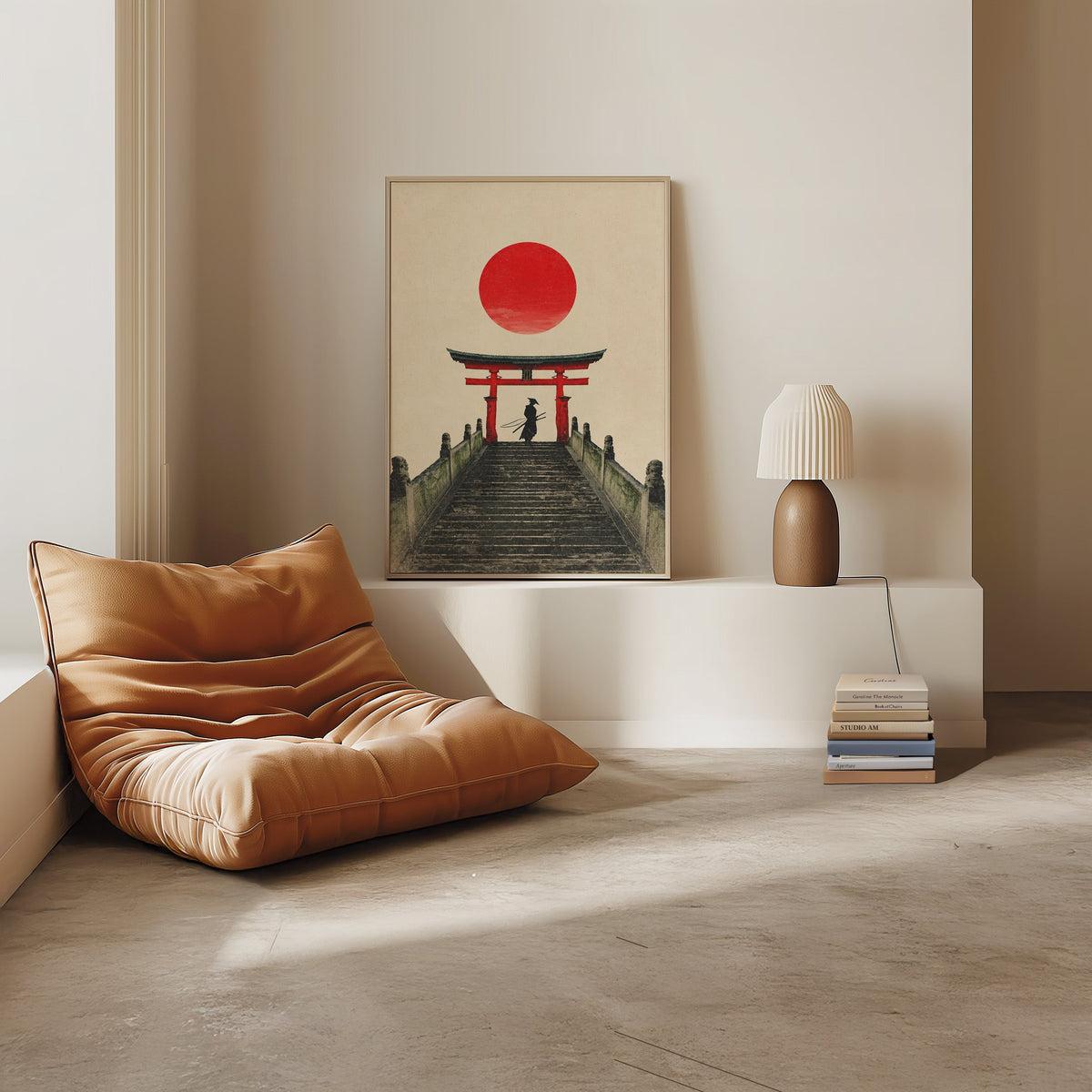 samurai under red torii gate print in a light oak frame on a white ledge by a tan leather floor chair