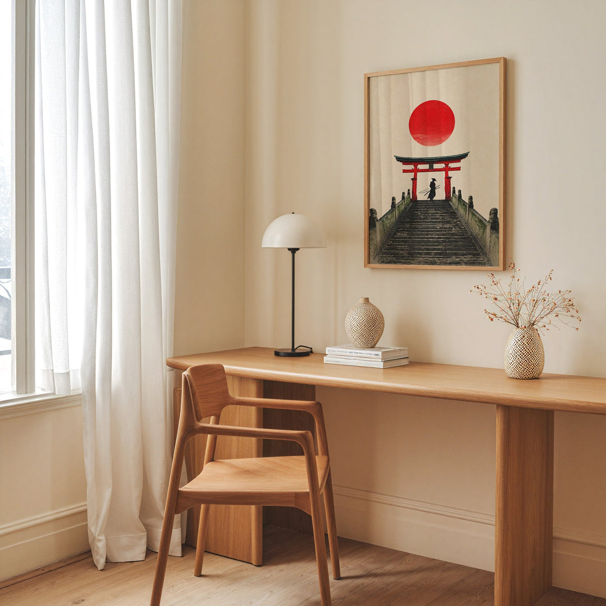 samurai under red torii gate print in an oak frame above a long oak desk with a white dome lamp and woven vases