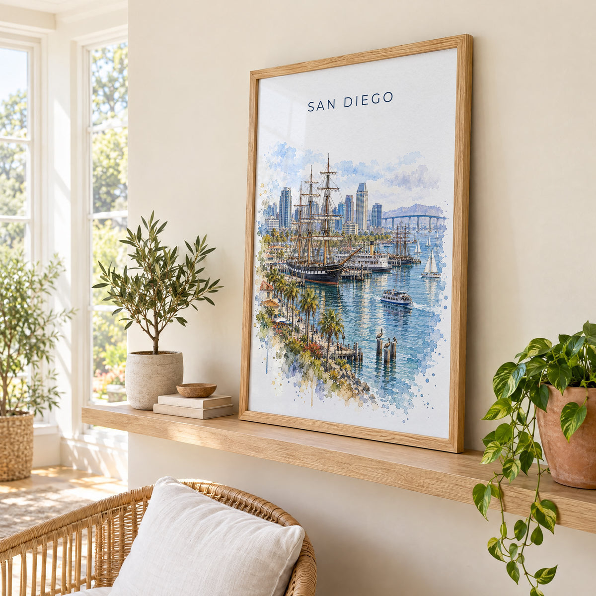 San Diego Bay watercolor print in an oak frame on a picture ledge in a sunlit sunroom