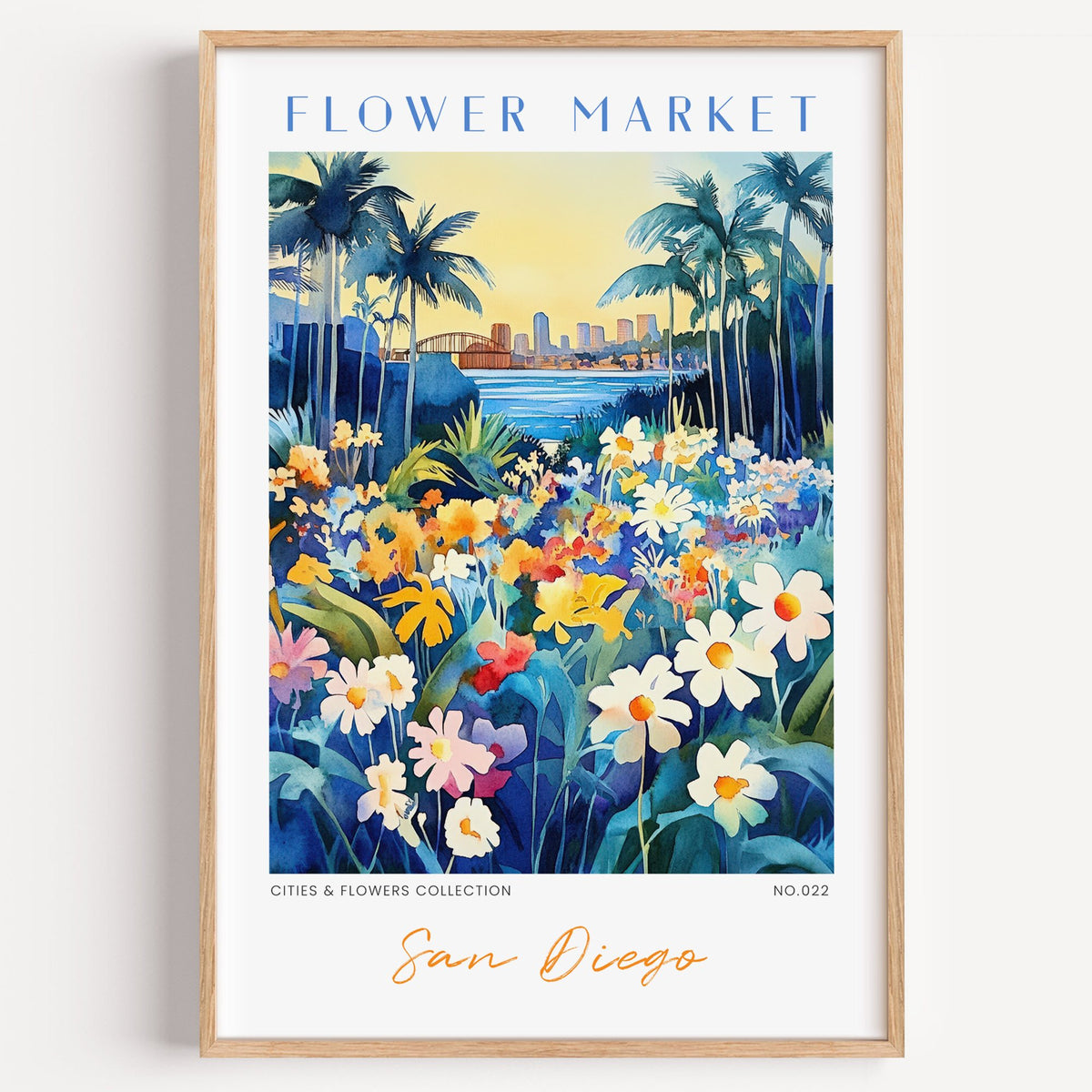 San Diego flower market print in a light oak frame on a plain white wall