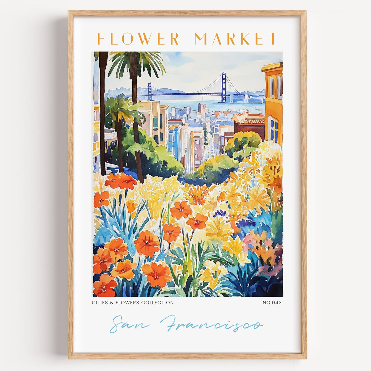 San Francisco flower market print in a light oak frame on a plain white wall
