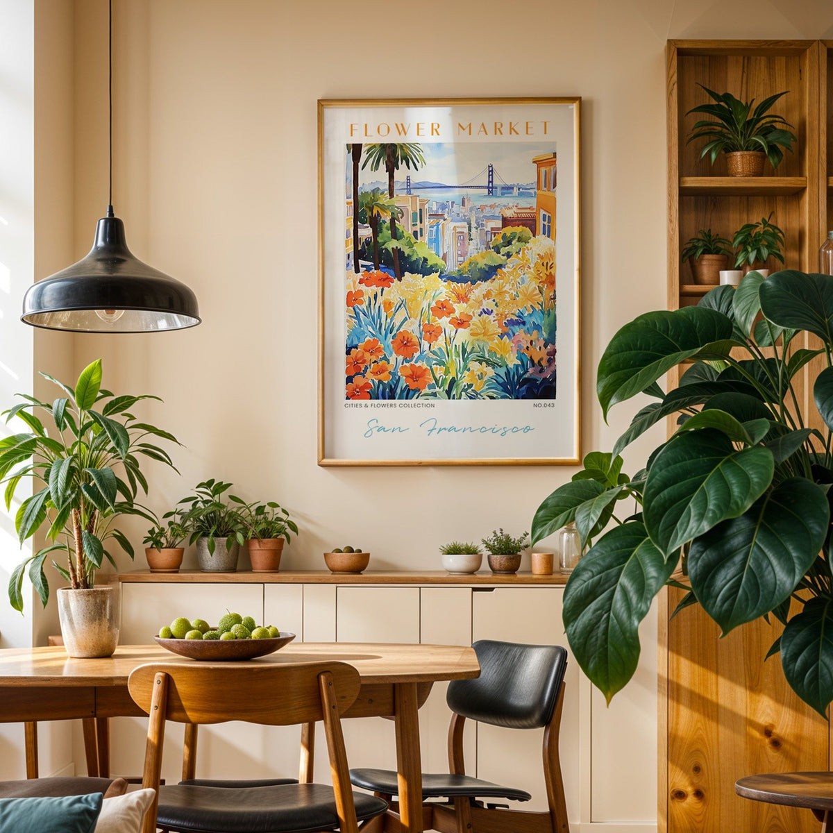San Francisco flower market print in an oak frame above a dining sideboard lined with potted plants