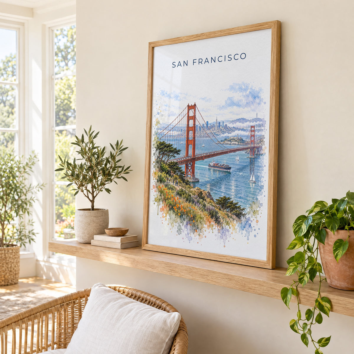 San Francisco watercolor print in an oak frame on a picture ledge in a sunlit sunroom