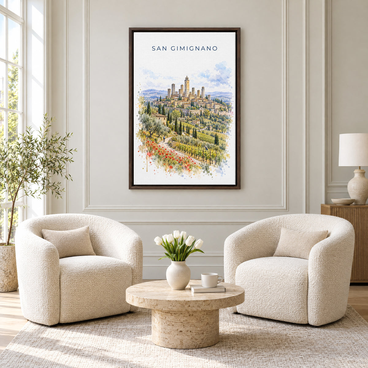 San Gimignano watercolor print as an espresso floater canvas above two boucle armchairs in a hotel lounge
