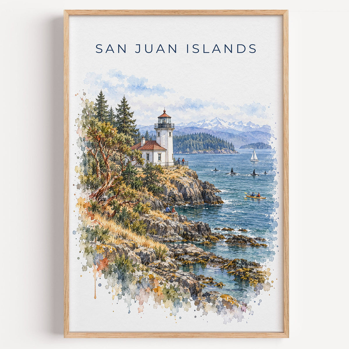 San Juan Islands watercolor print in a light oak frame on a plain white wall