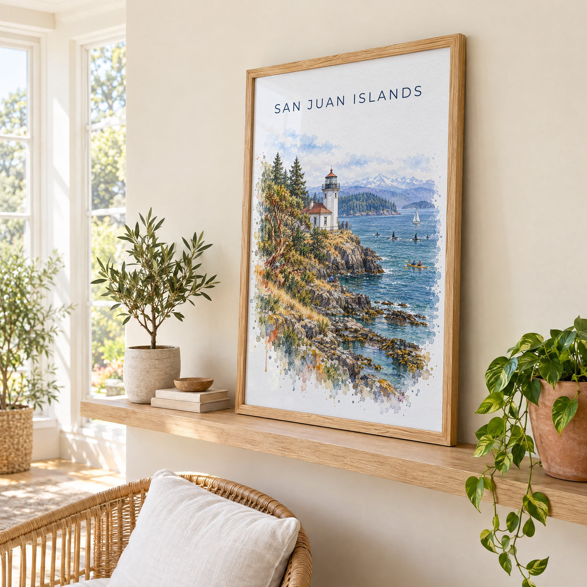 San Juan Islands watercolor print in an oak frame on a picture ledge in a sunlit sunroom