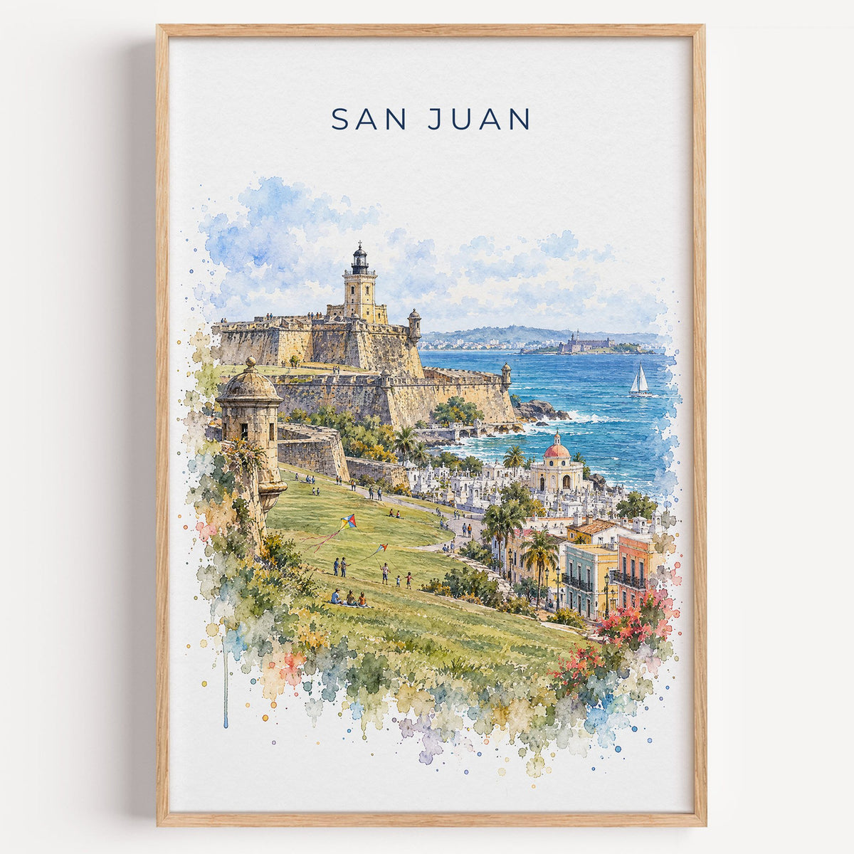 San Juan watercolor print in a light oak frame on a plain white wall