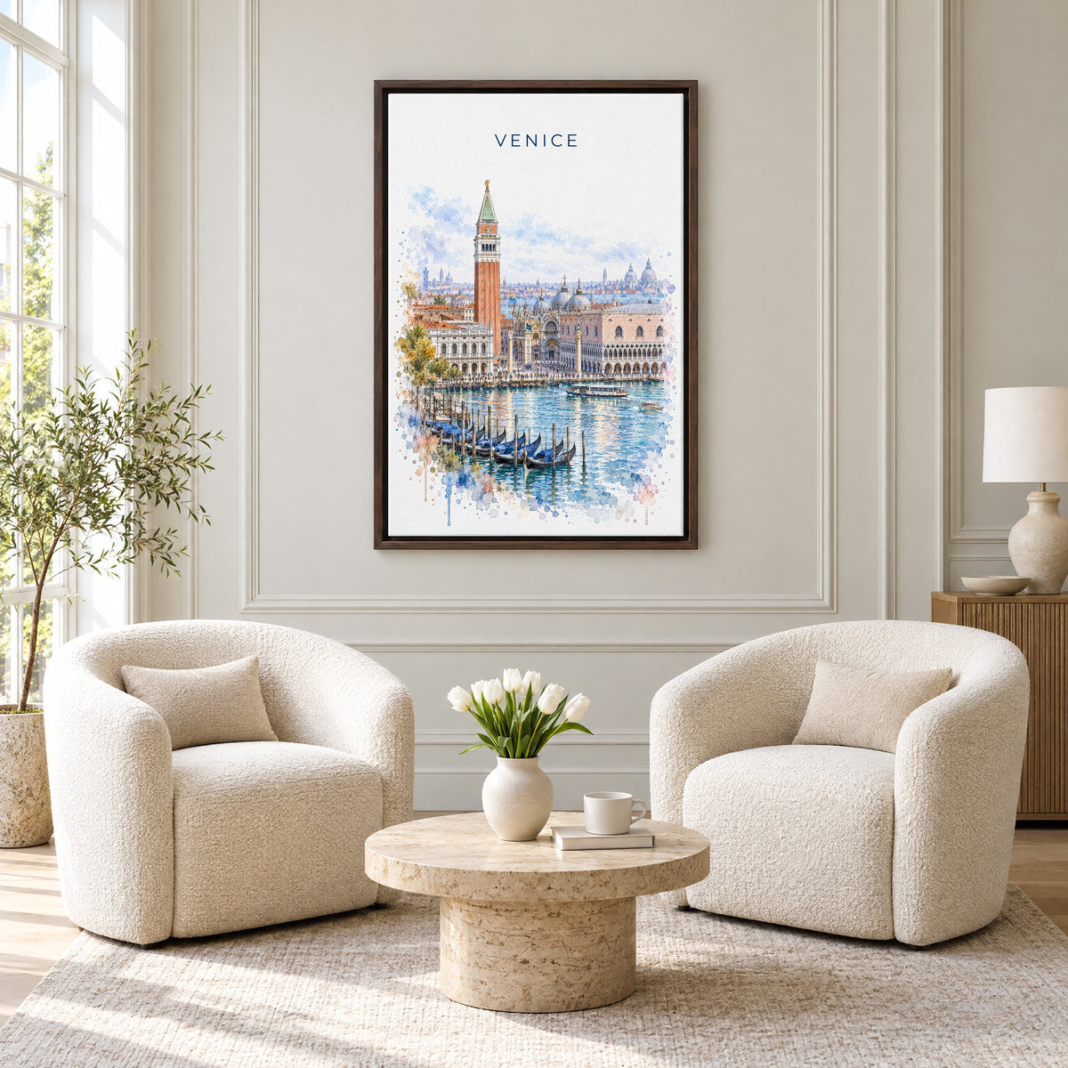 St. Mark's Square Venice watercolor print as an espresso floater canvas above two boucle armchairs in a hotel lounge