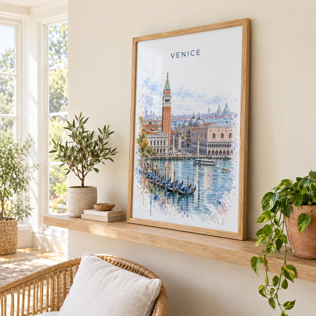 St. Mark's Square Venice watercolor print in an oak frame on a picture ledge in a sunlit sunroom