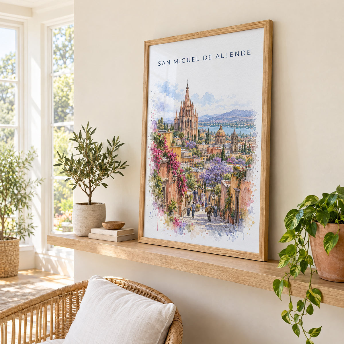 San Miguel de Allende watercolor print in an oak frame on a picture ledge in a sunlit sunroom