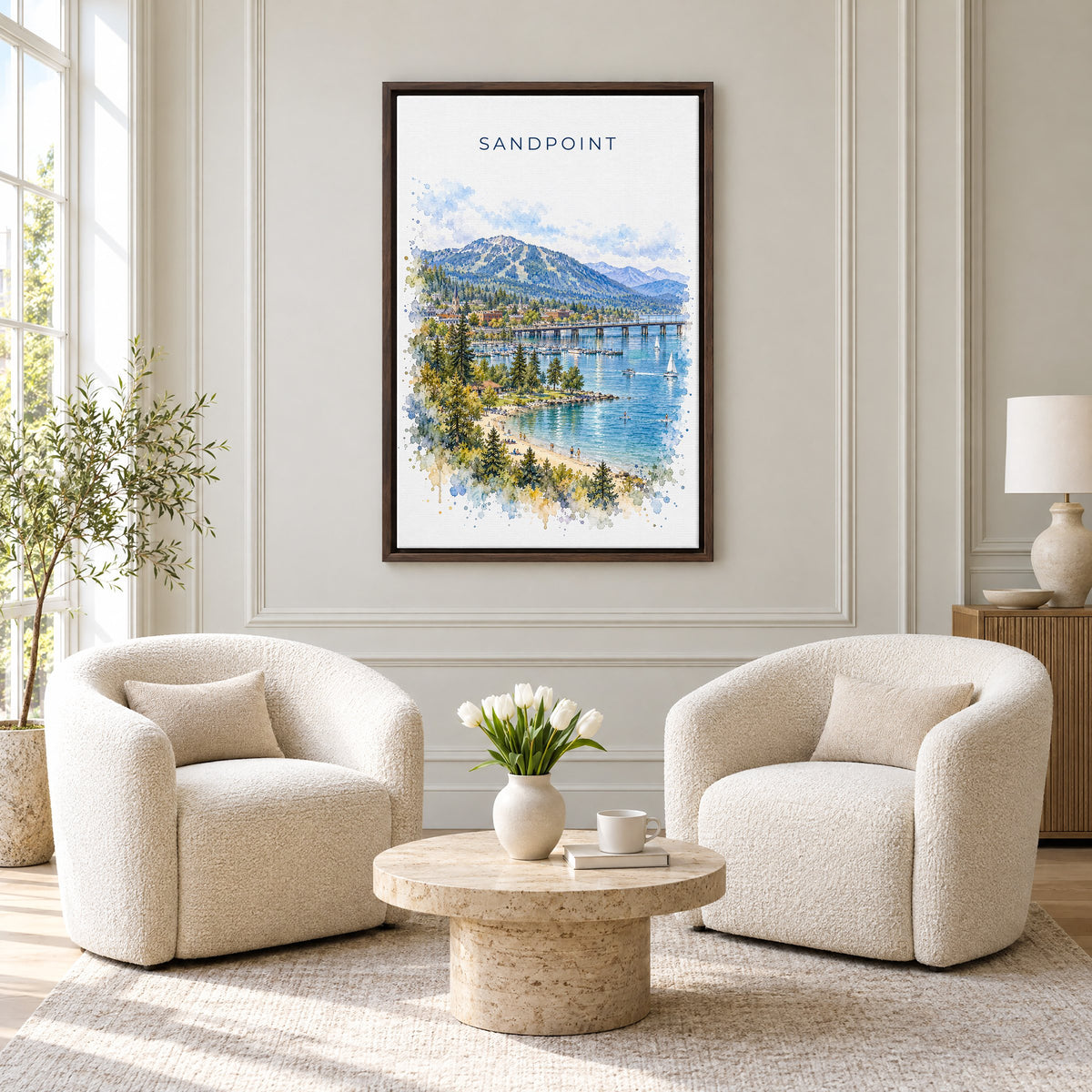 Sandpoint watercolor print as an espresso floater canvas above two boucle armchairs in a hotel lounge