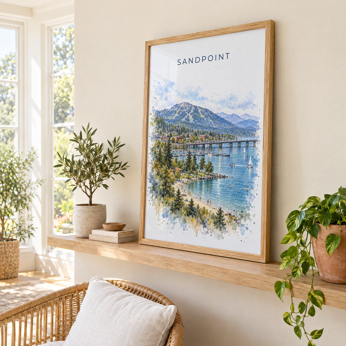 Sandpoint watercolor print in an oak frame on a picture ledge in a sunlit sunroom