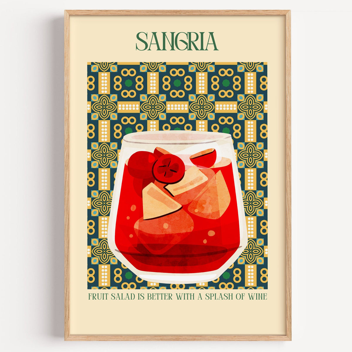 SANGRIA red glass patterned tile print in a light oak frame on a plain white wall