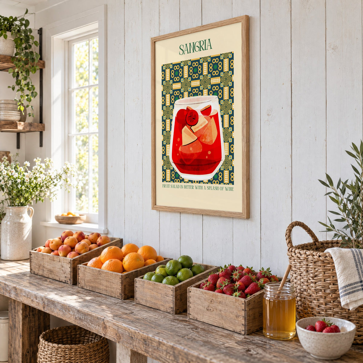 SANGRIA red glass patterned tile print in an oak frame on white plank walls above wooden crates of fresh fruit, seen at an angle